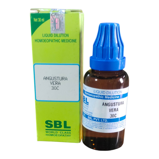 SBL Angustura Vera 30C homeopathic medicine bottle and packaging on a white background