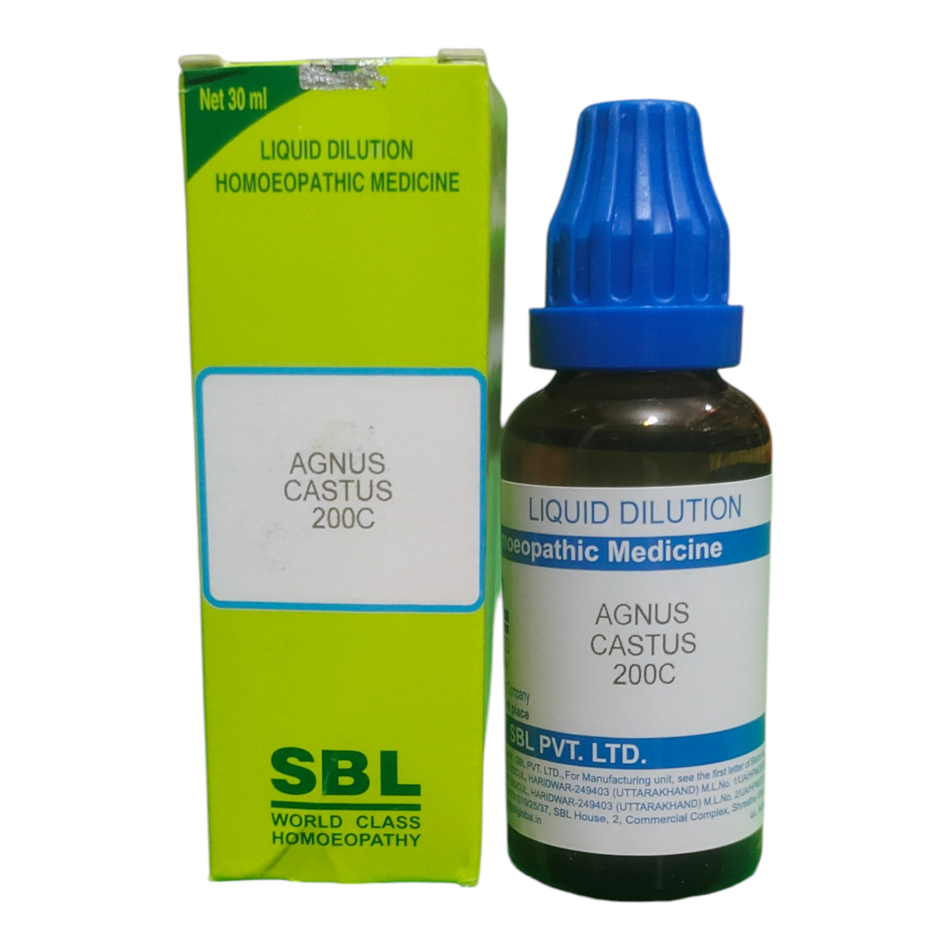 SBL Agnus Castus 200C homeopathic medicine bottle and packaging on a white background