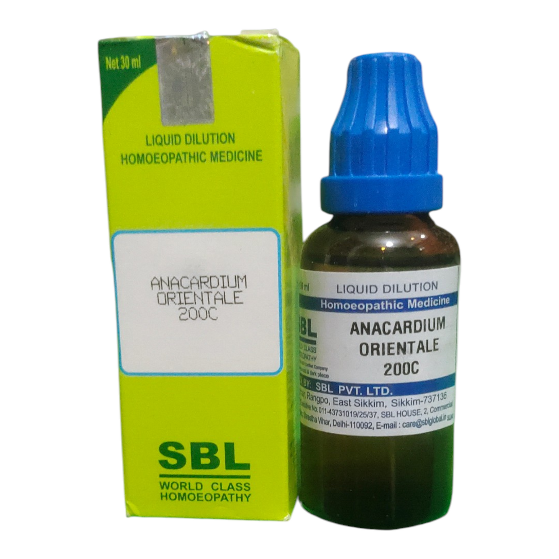 SBL Anacardium Orientale 200C homeopathic medicine bottle and packaging on a white background