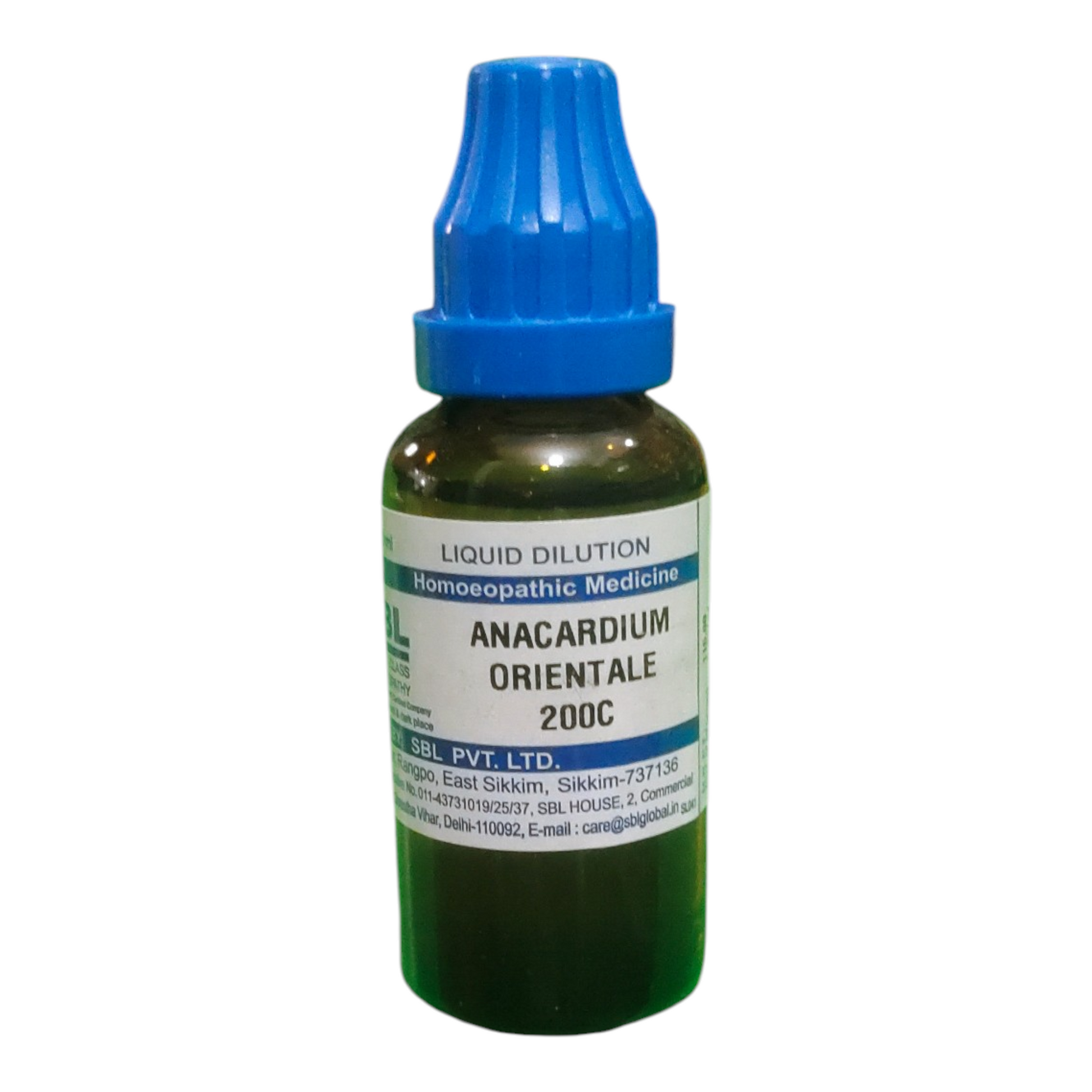 Bottle of Anacardium Orientale 200C liquid dilution on a white background