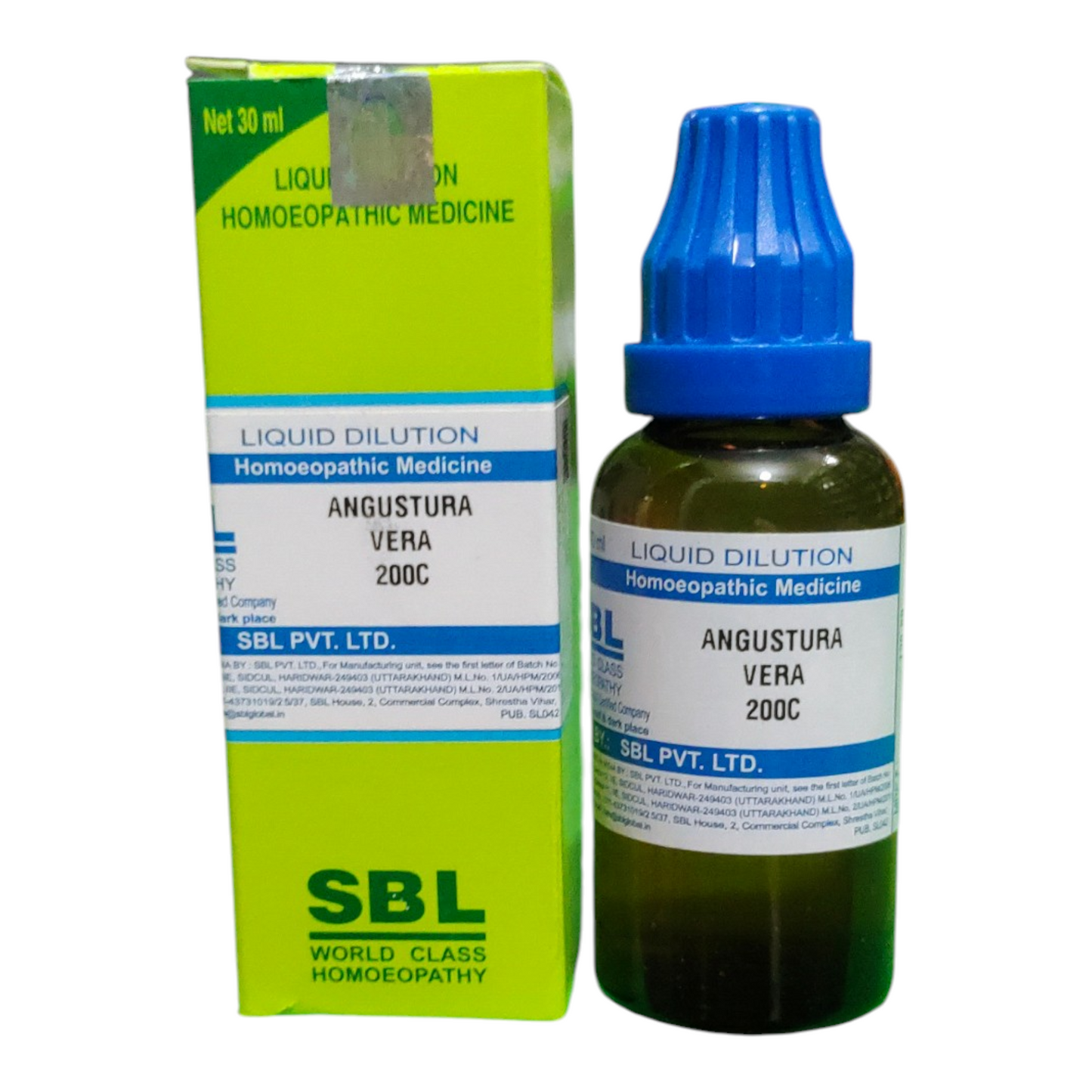 SBL Angustura Vera 200C homeopathic medicine bottle and packaging on a white background
