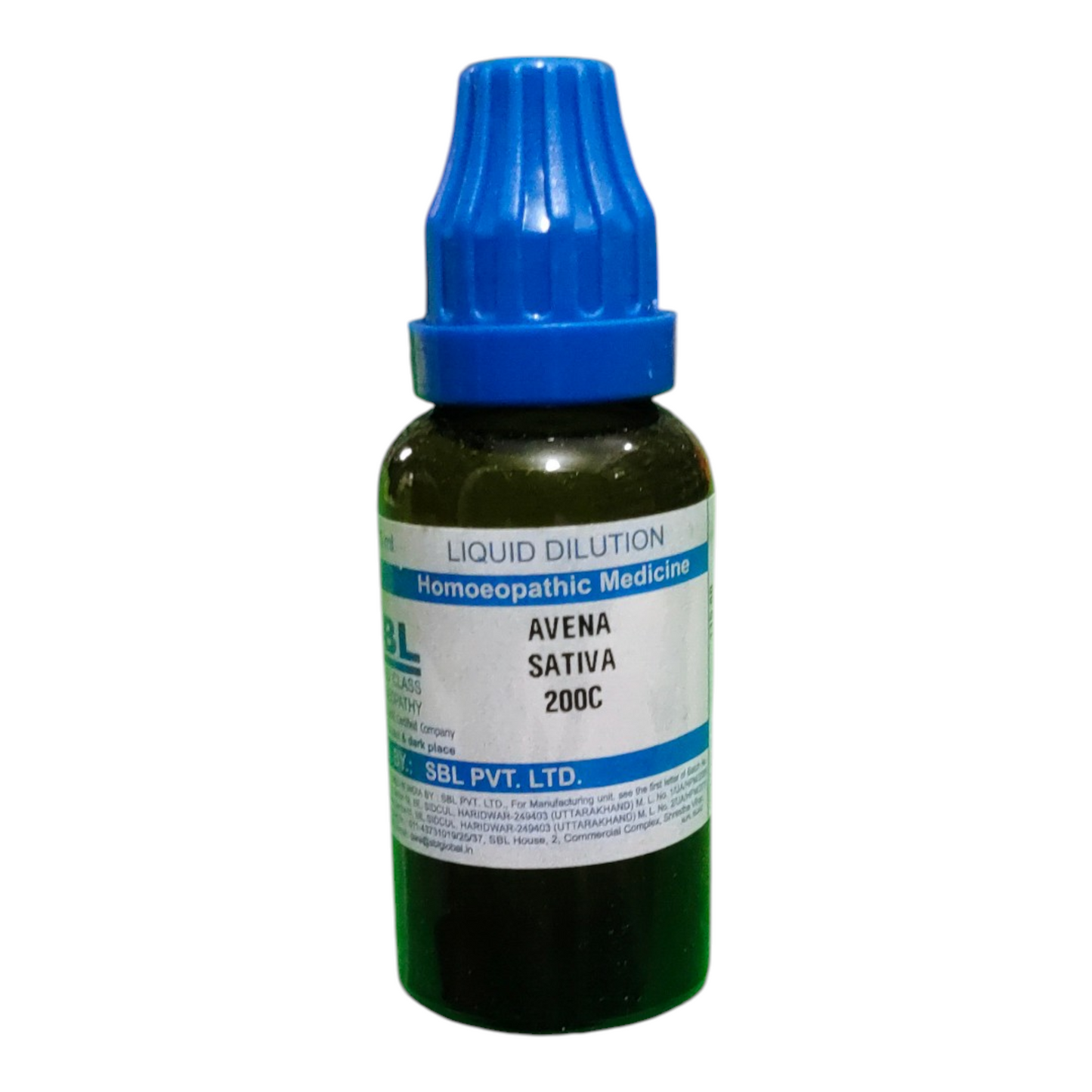 Bottle of Avena Sativa 200C homeopathic medicine with blue cap on a white background