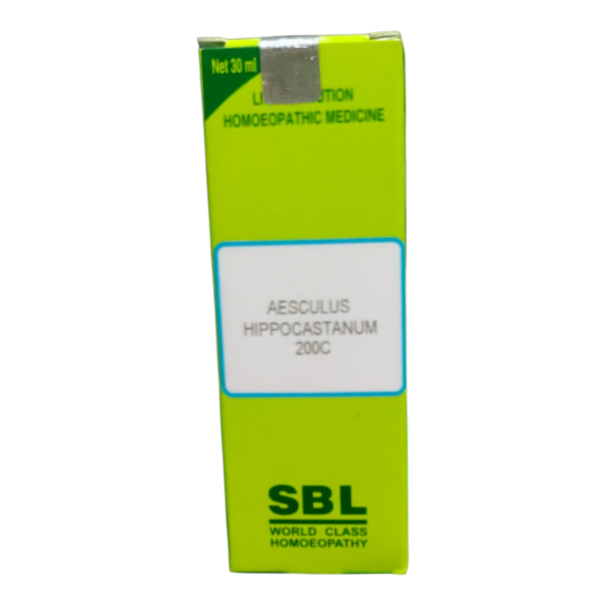 Green box of SBL homeopathic medicine on a white background