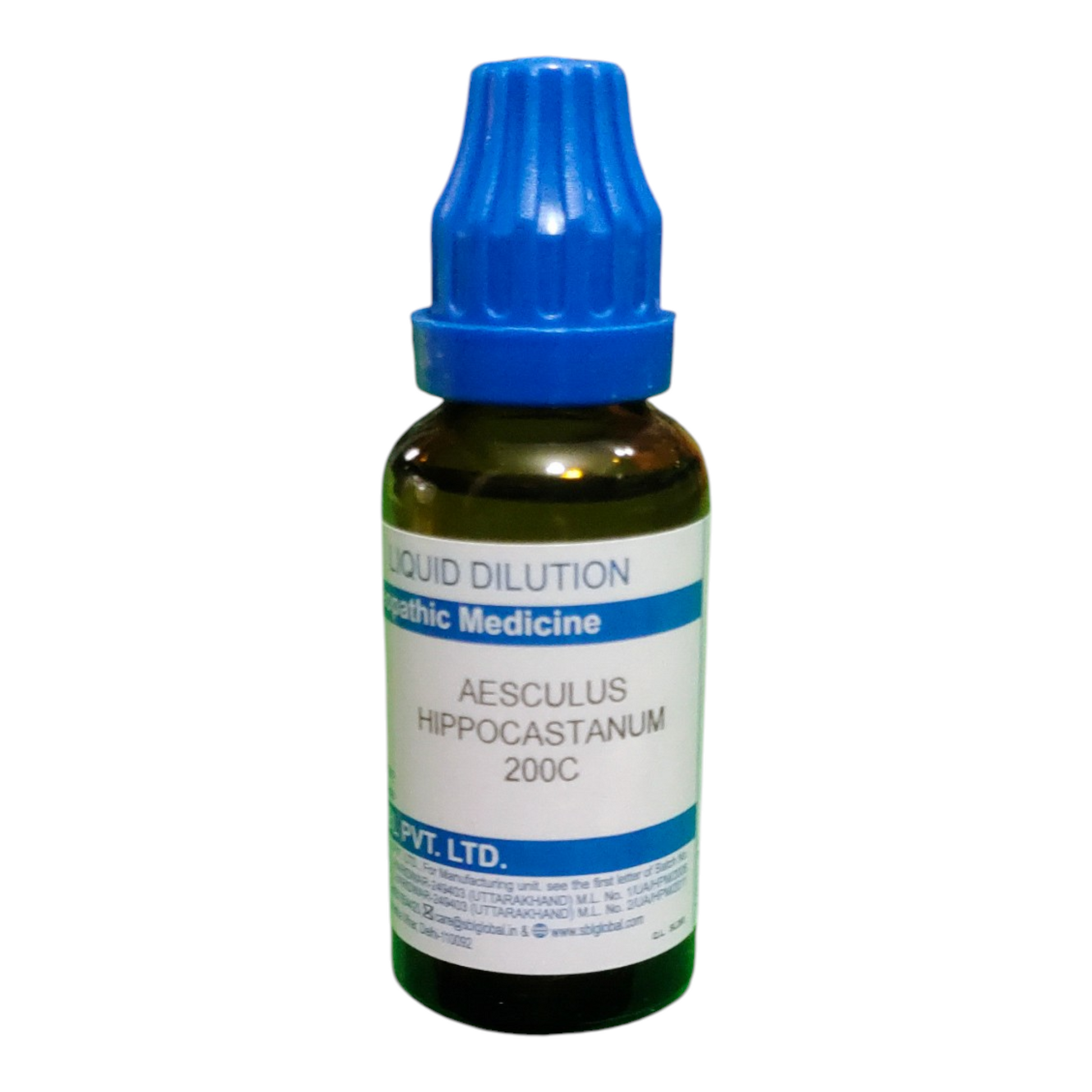 Bottle of Aesculus Hippocastanum homeopathic medicine with blue cap on a white background