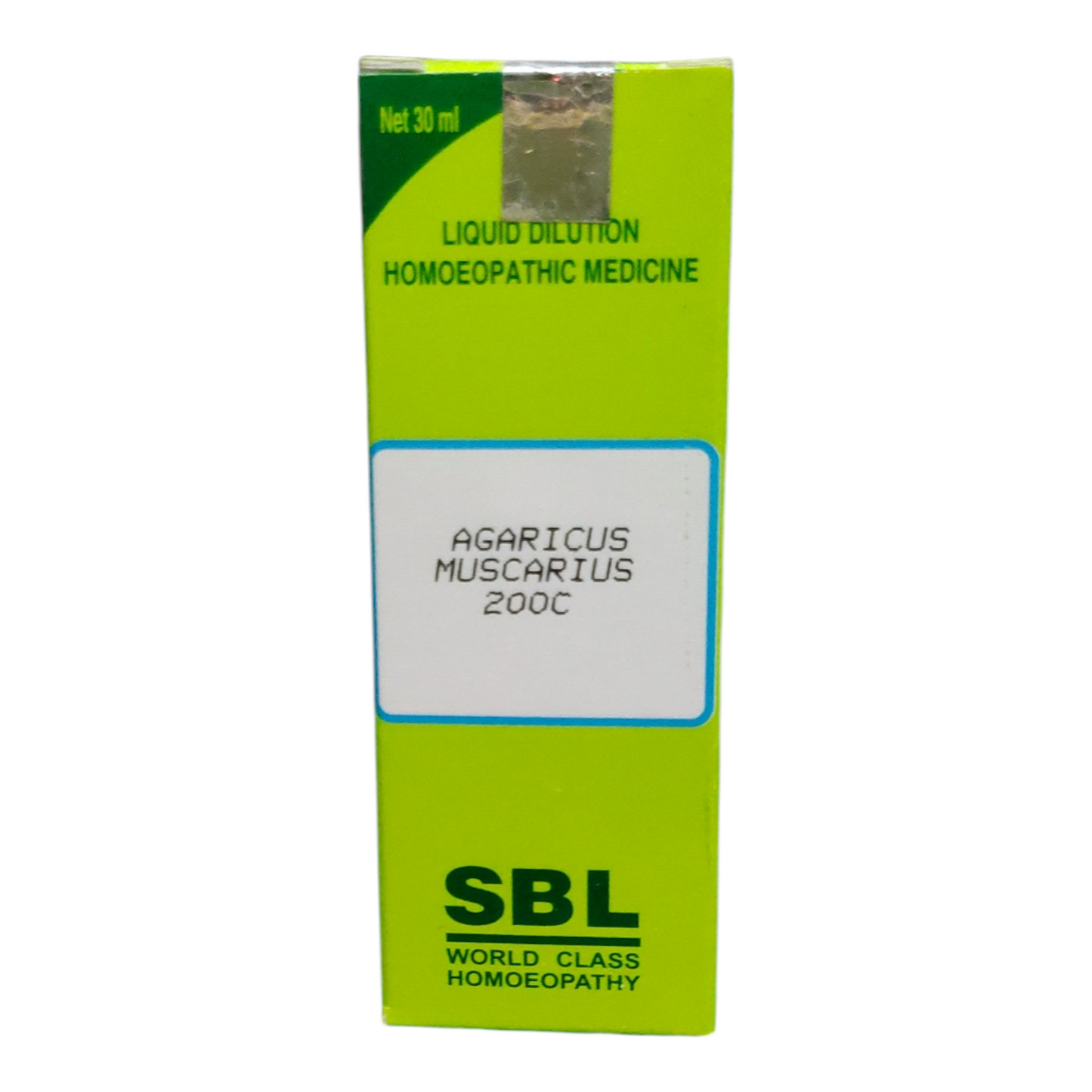 SBL Agaricus Muscarius 200C homoeopathic medicine box on a white background