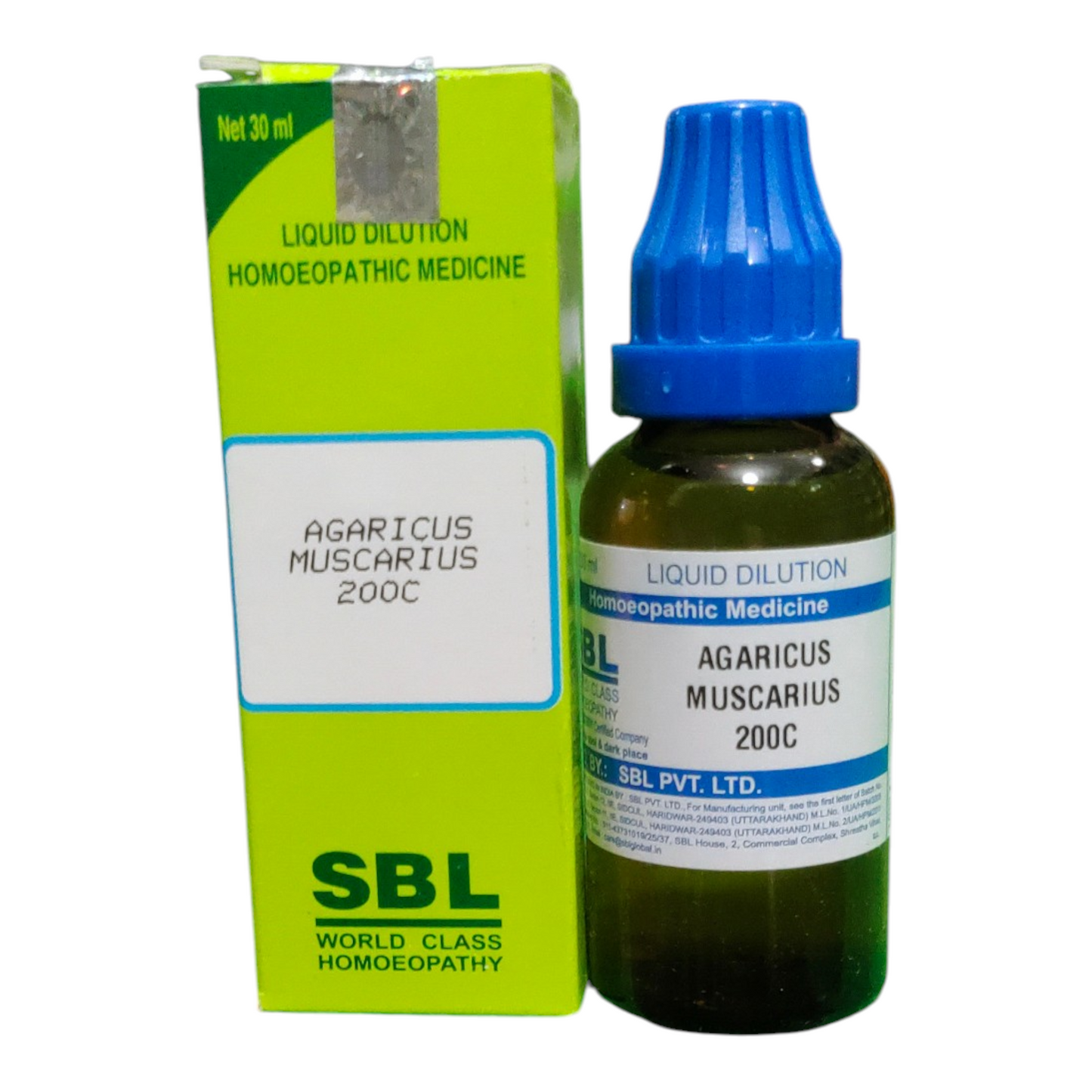 SBL Agaricus Muscarius 200C homeopathic medicine bottle and packaging on a white background