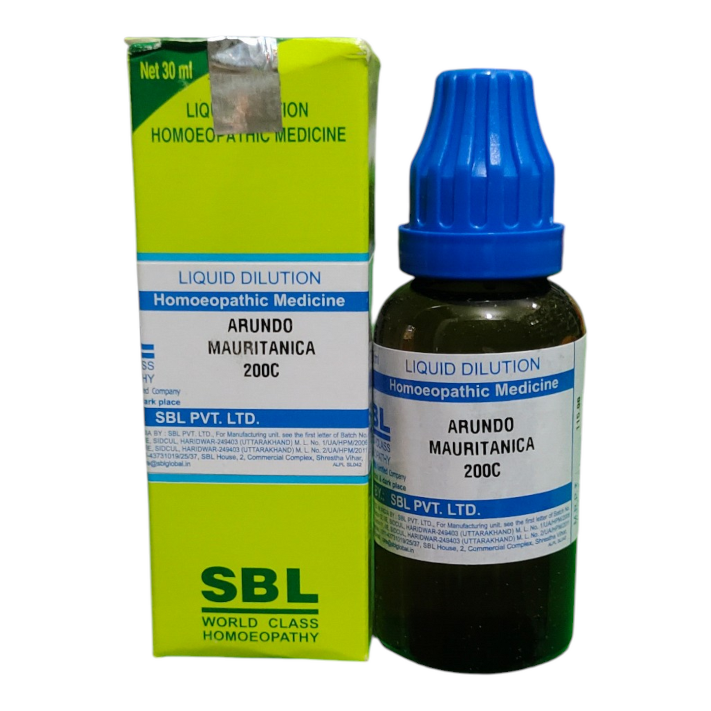 SBL Arundo Mauritanica 200C homeopathic medicine bottle and box on a white background