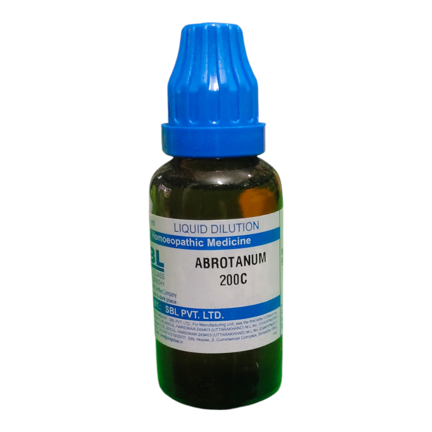 Bottle of Abrotanum 200C liquid dilution with blue cap on a white background