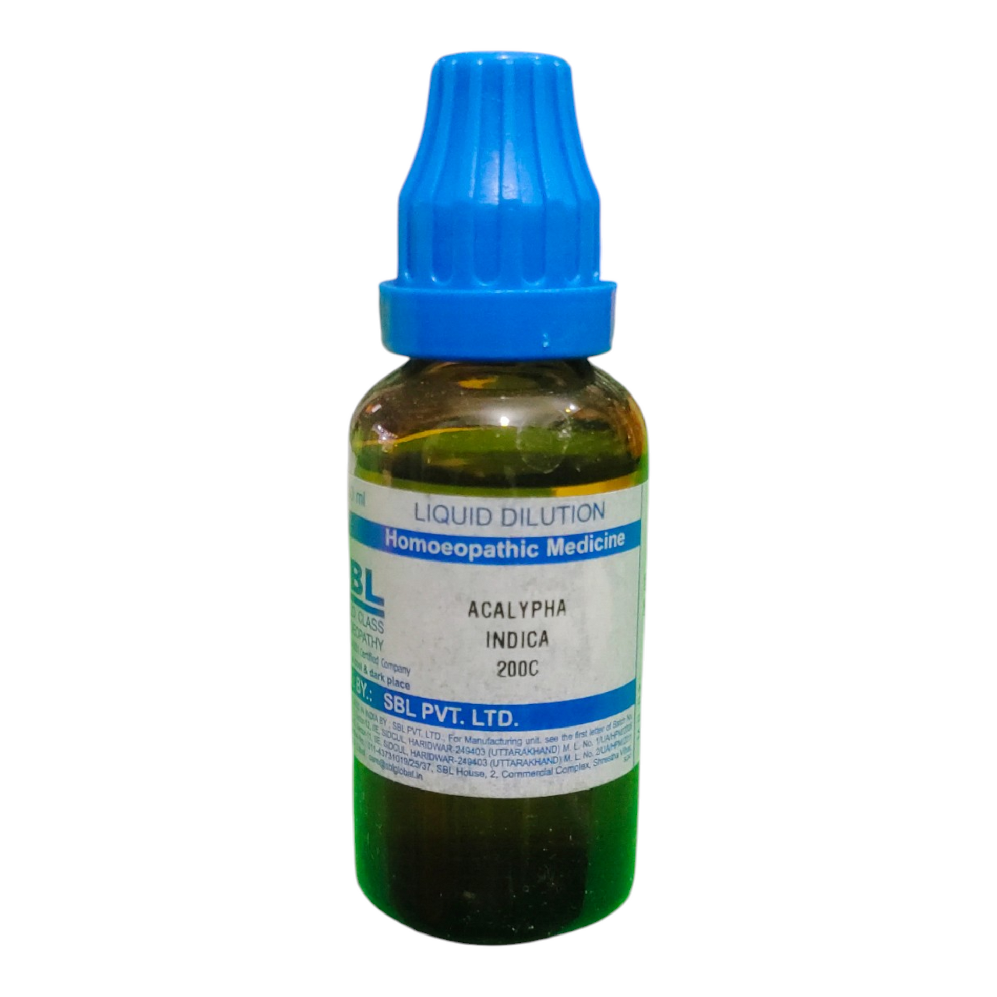 Bottle of SBL Acalypha Indica homeopathic medicine with blue cap on a white background