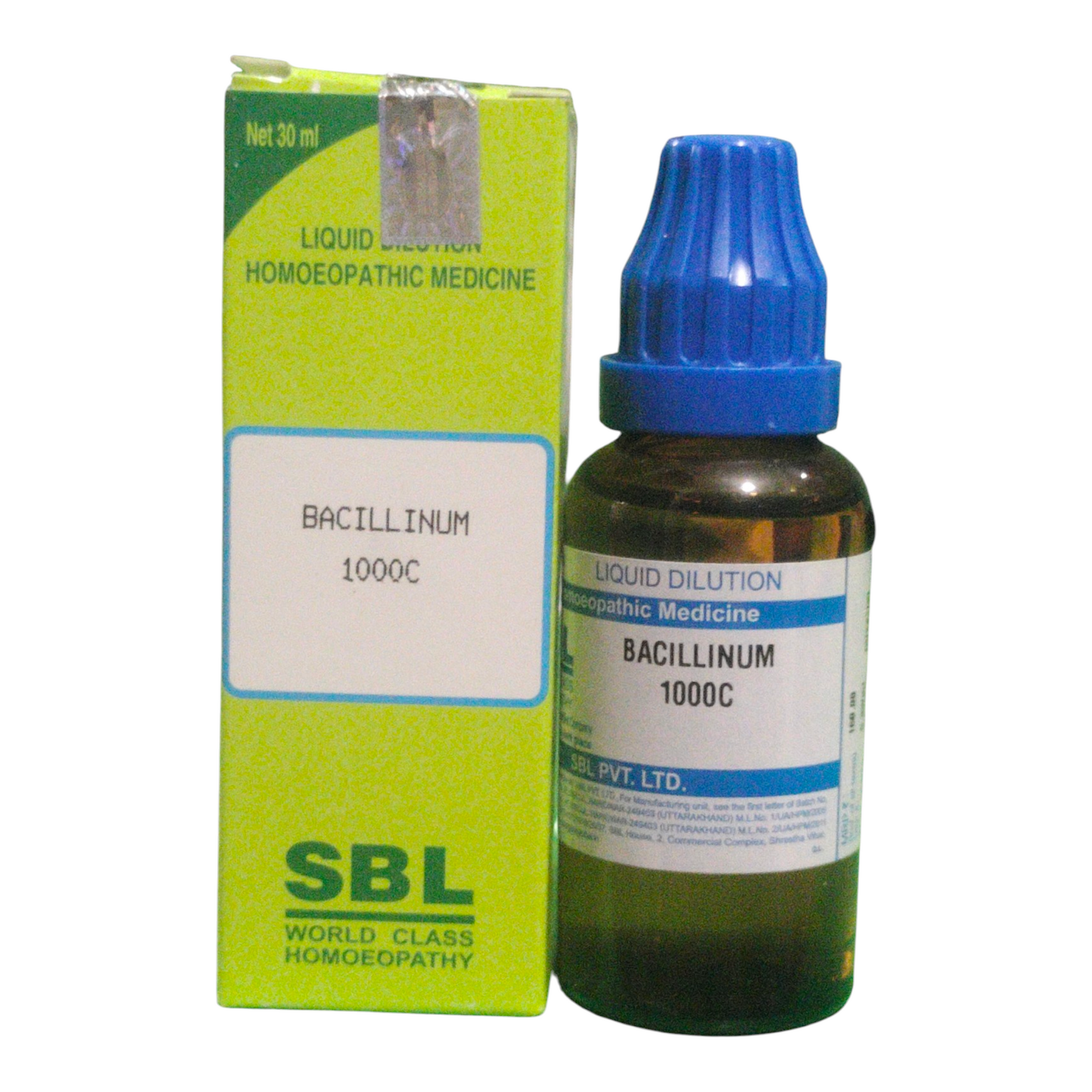 SBL Bacillinum 1000C homeopathic medicine bottle and packaging on a white background