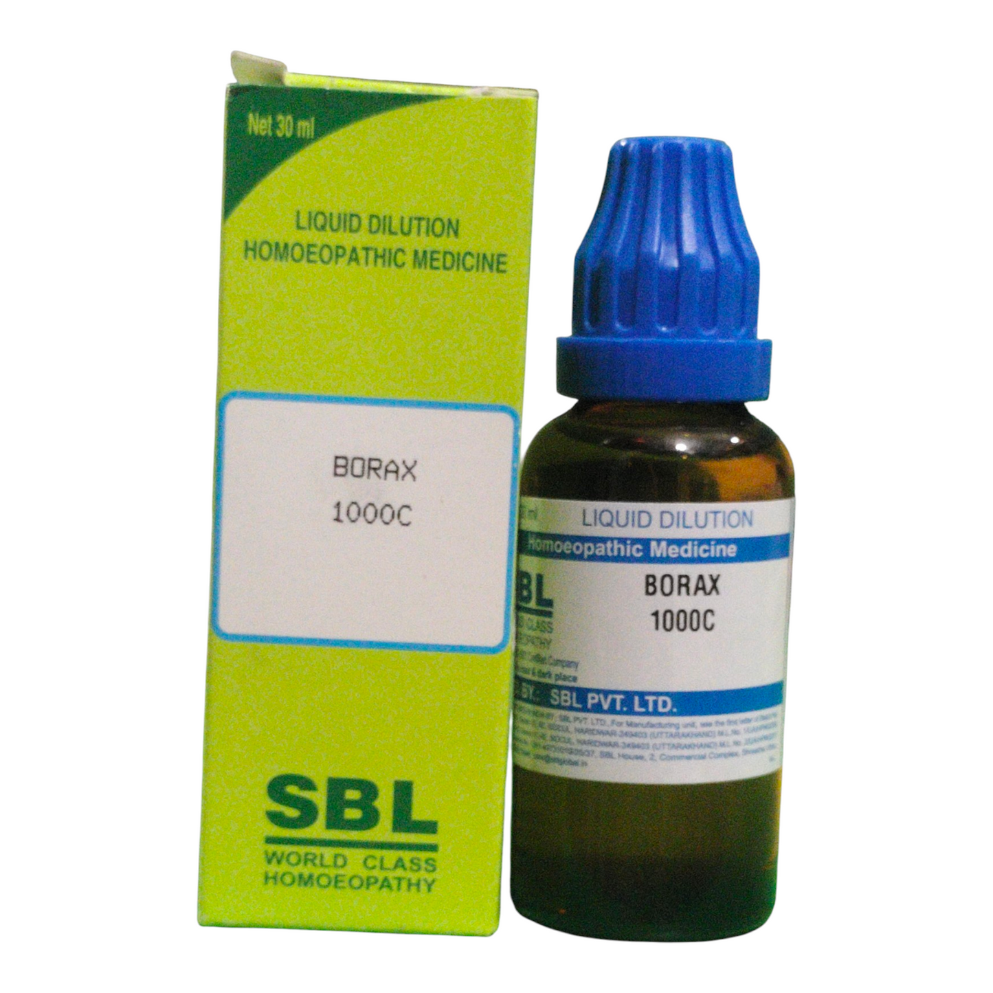 SBL Borax 1000C homeopathic medicine bottle and packaging on a white background