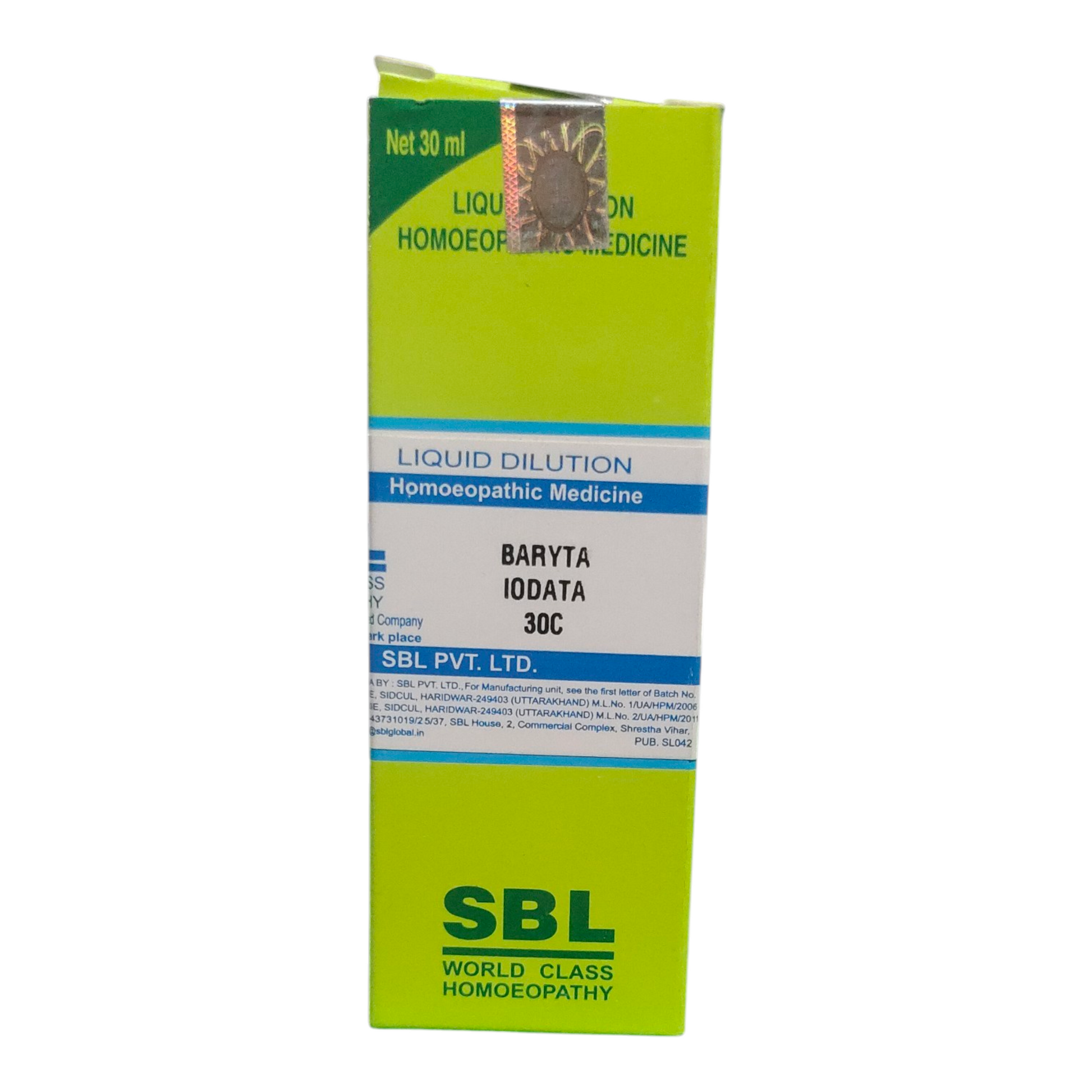 SBL Baryta Iodata 30C homeopathic medicine packaging on a white background