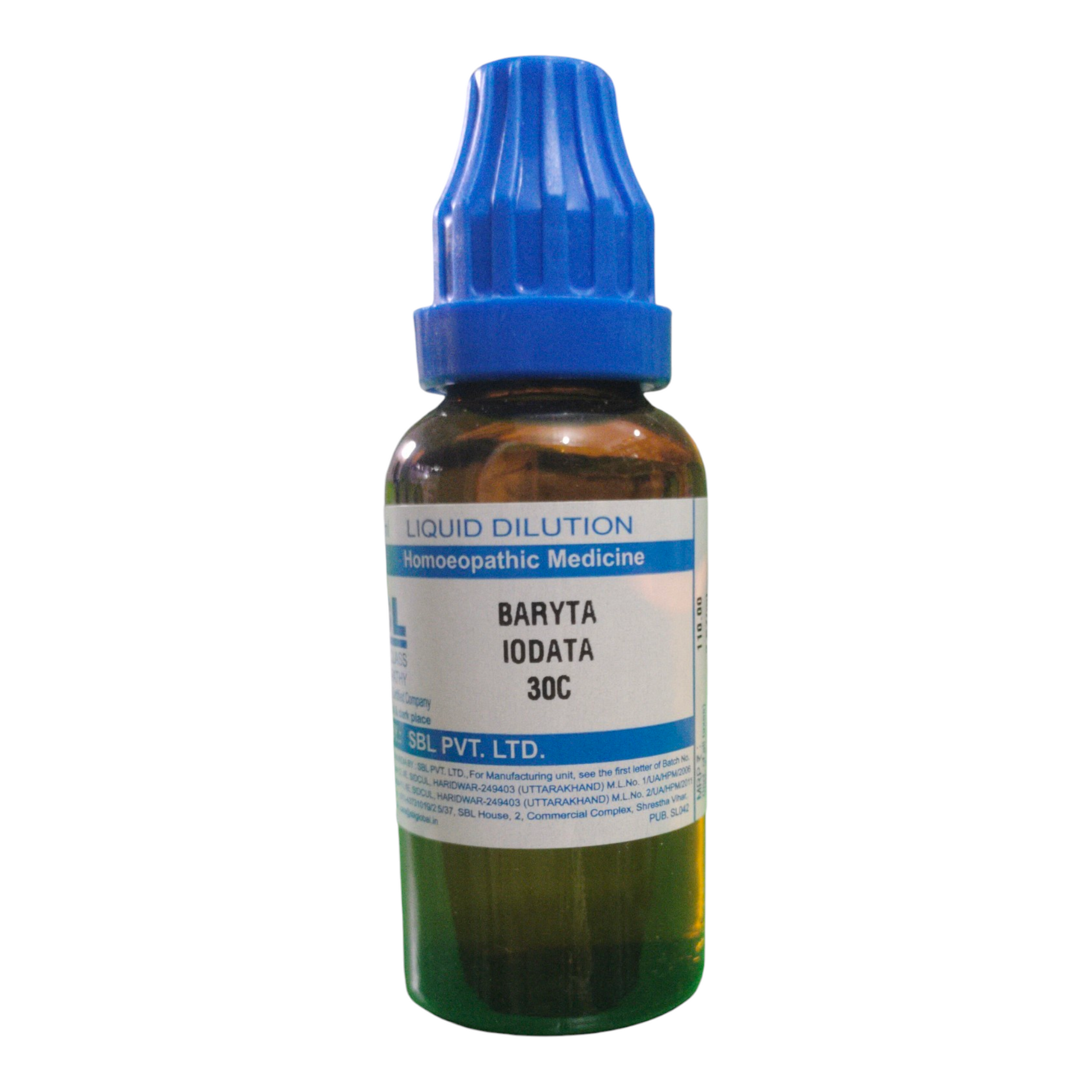 Bottle of Baryta Iodata 3C homeopathic medicine with a blue cap on a white background