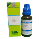 SBL Borax 30C homeopathic medicine bottle and packaging on a white background