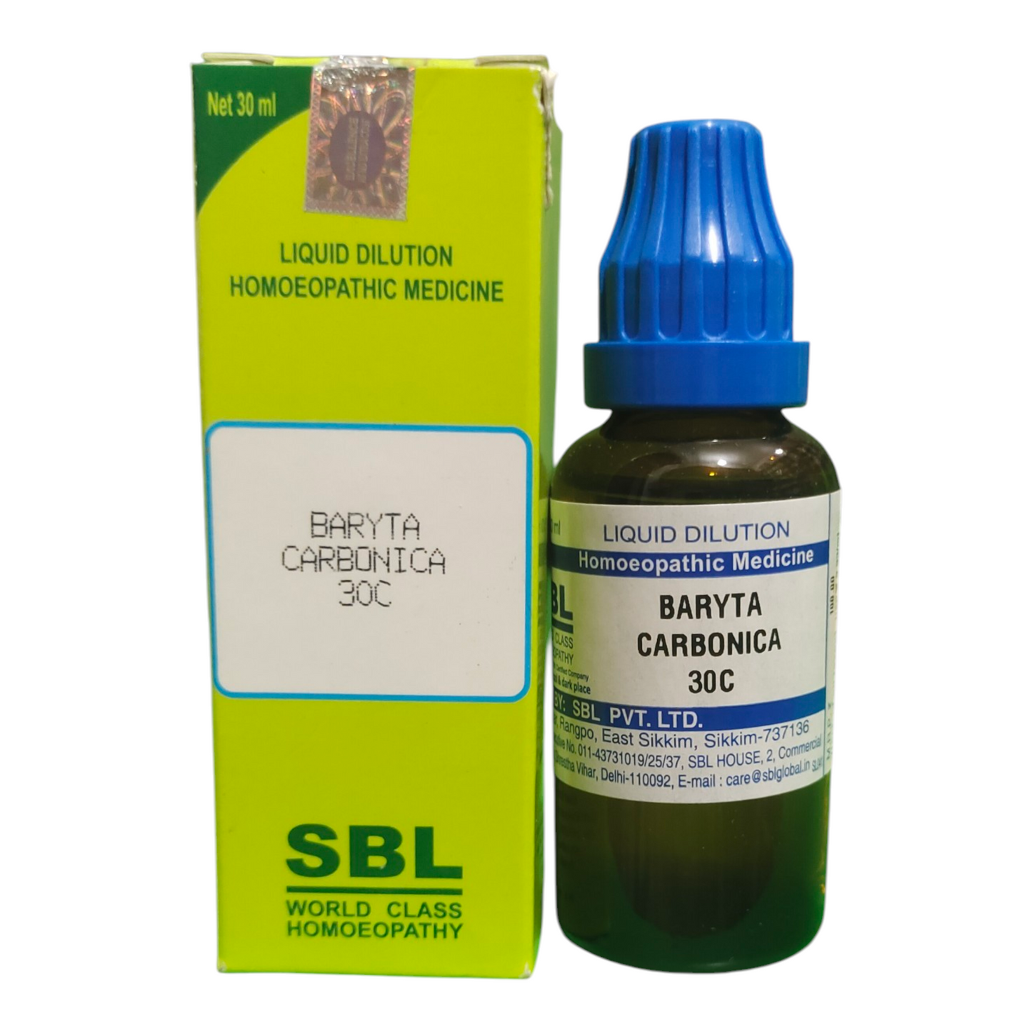 Bottle and box of Baryta Carbonica 30C homoeopathic medicine by SBL on a white background