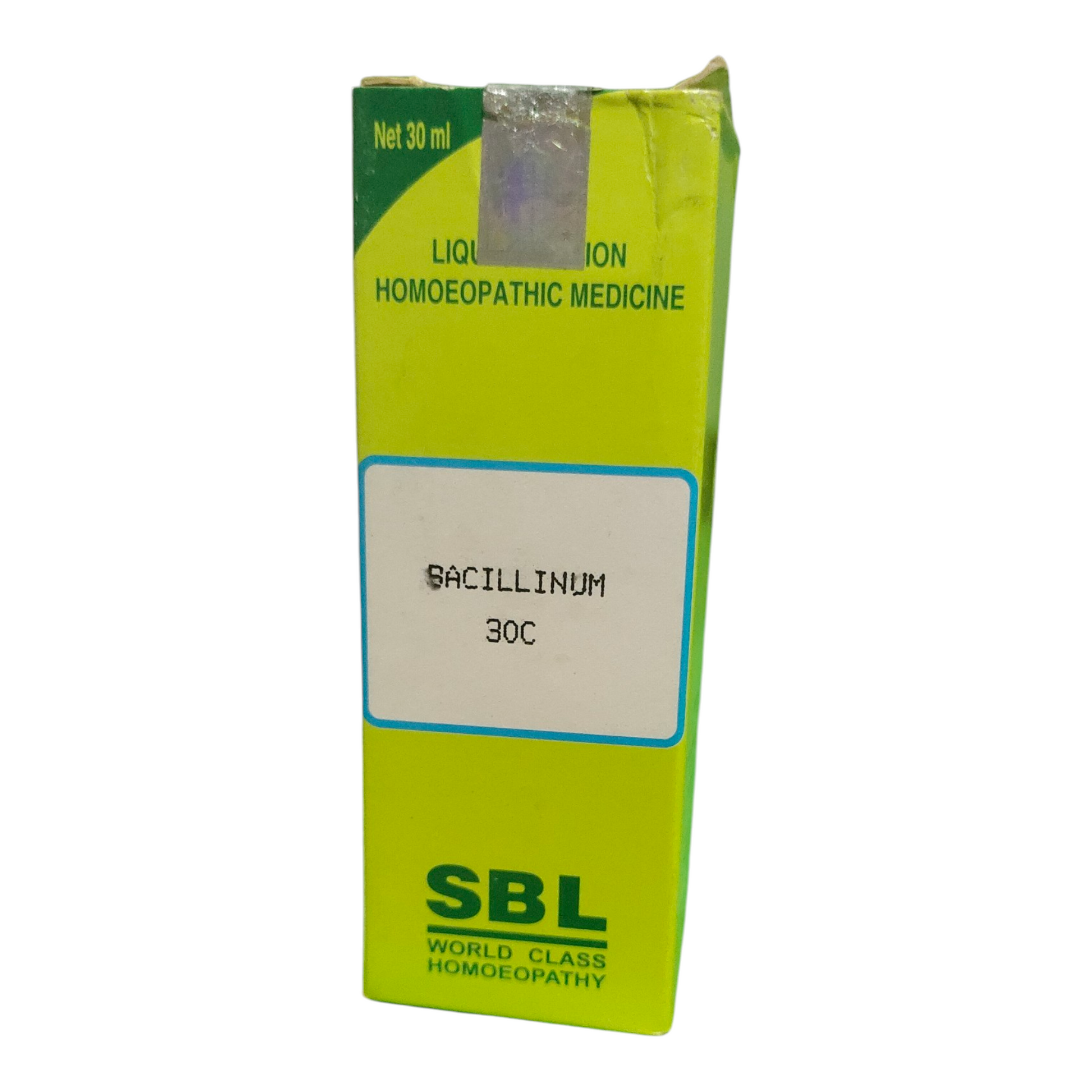 Green box of SBL Bacillinum 30C homeopathic medicine on a white background