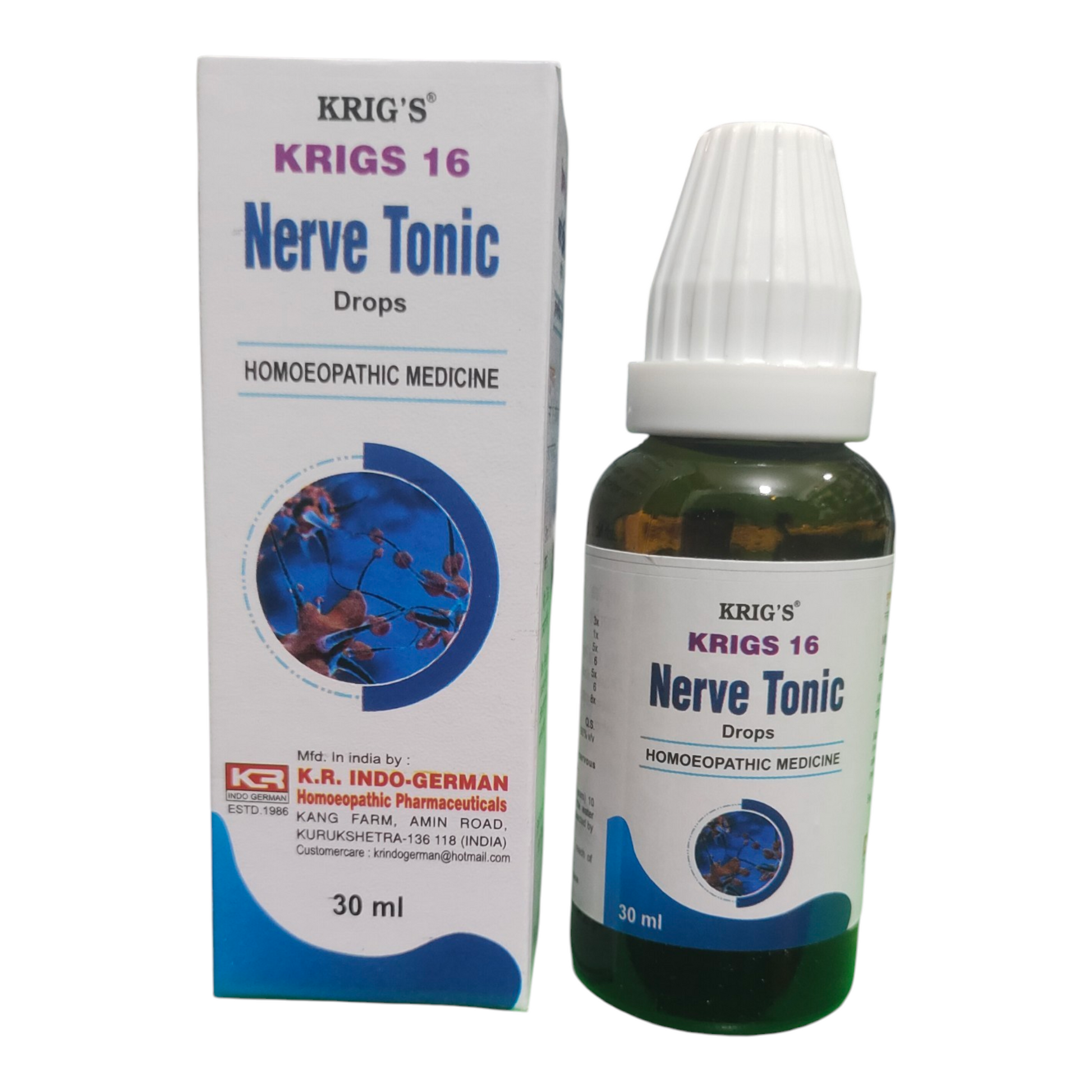 Krig's Nerve Tonic drops packaging and bottle on a white background