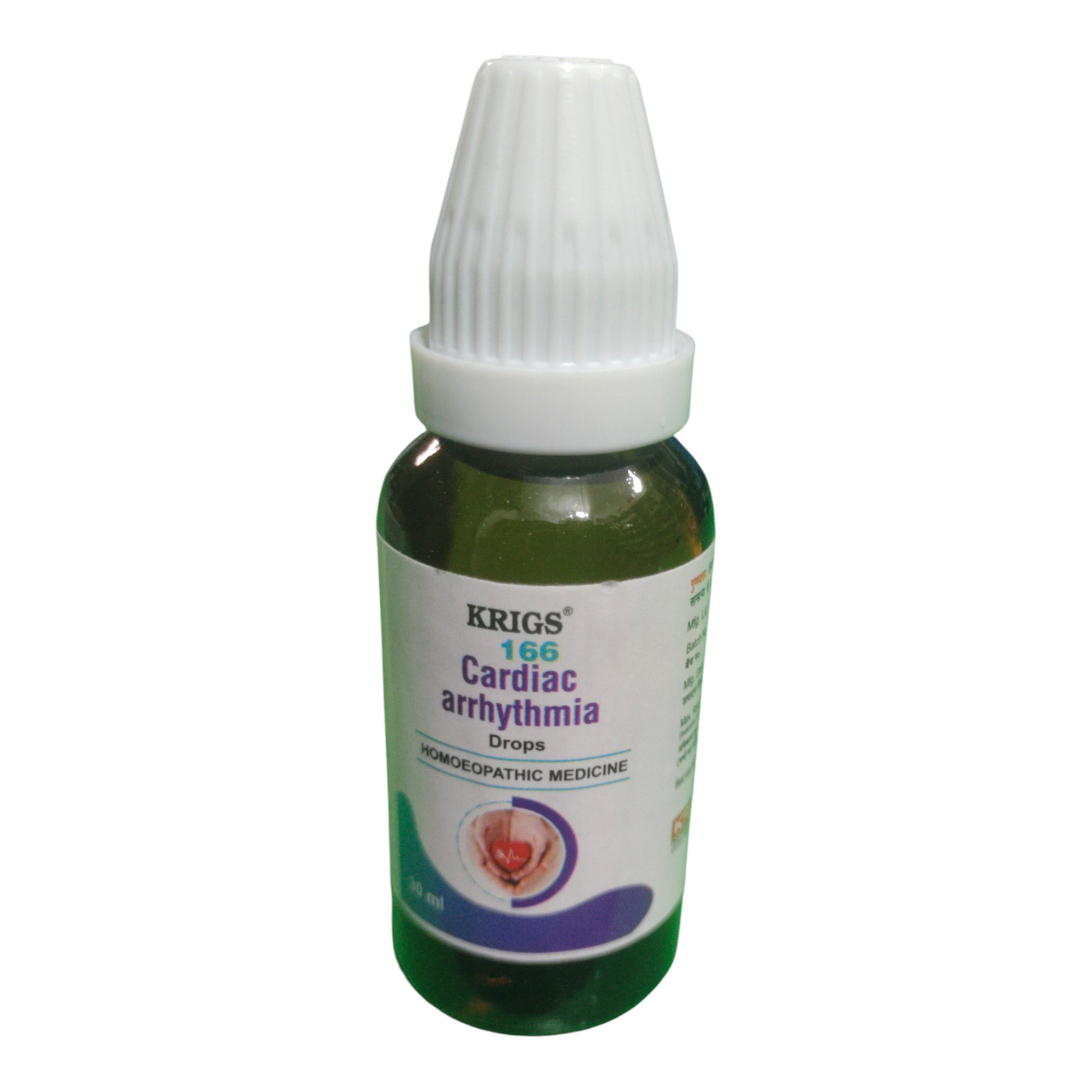 Bottle of Krigs 166 Cardiac Arrhythmia Drops on a white background
