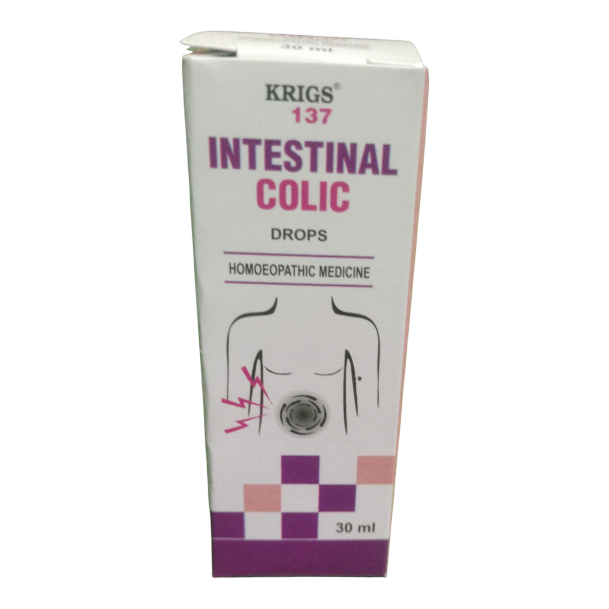 Box of Krigs 137 Intestinal Colic Drops on a white background