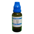 Bottle of Bufo Rana liquid dilution with blue cap on a white background