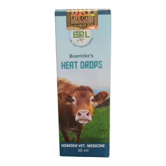 Box of Boericke's Heat Drops with a cow on a white background