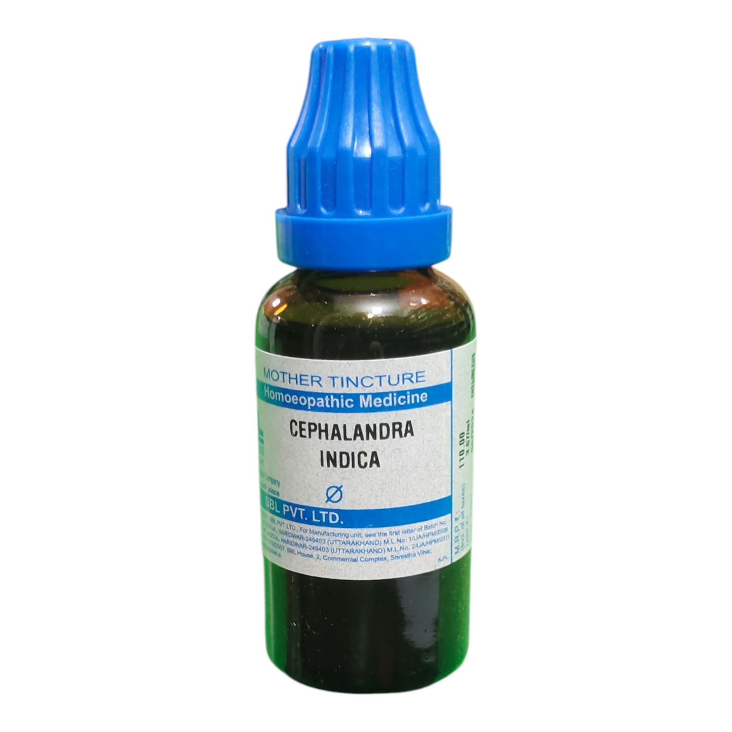 Bottle of Cephalandra Indica mother tincture with a blue cap on a white background