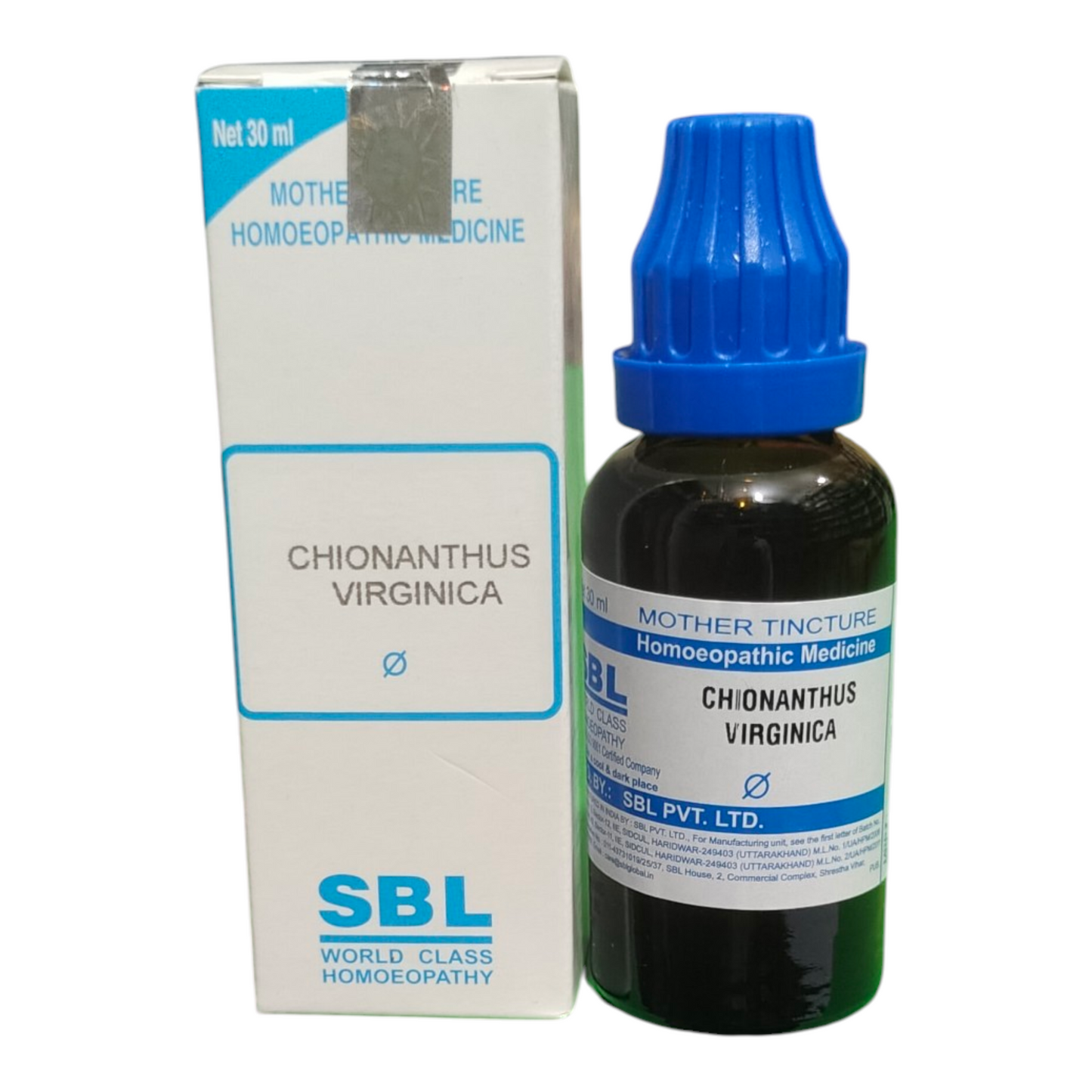 SBL Chionanthus Virginica homeopathic medicine bottle and packaging on a white background