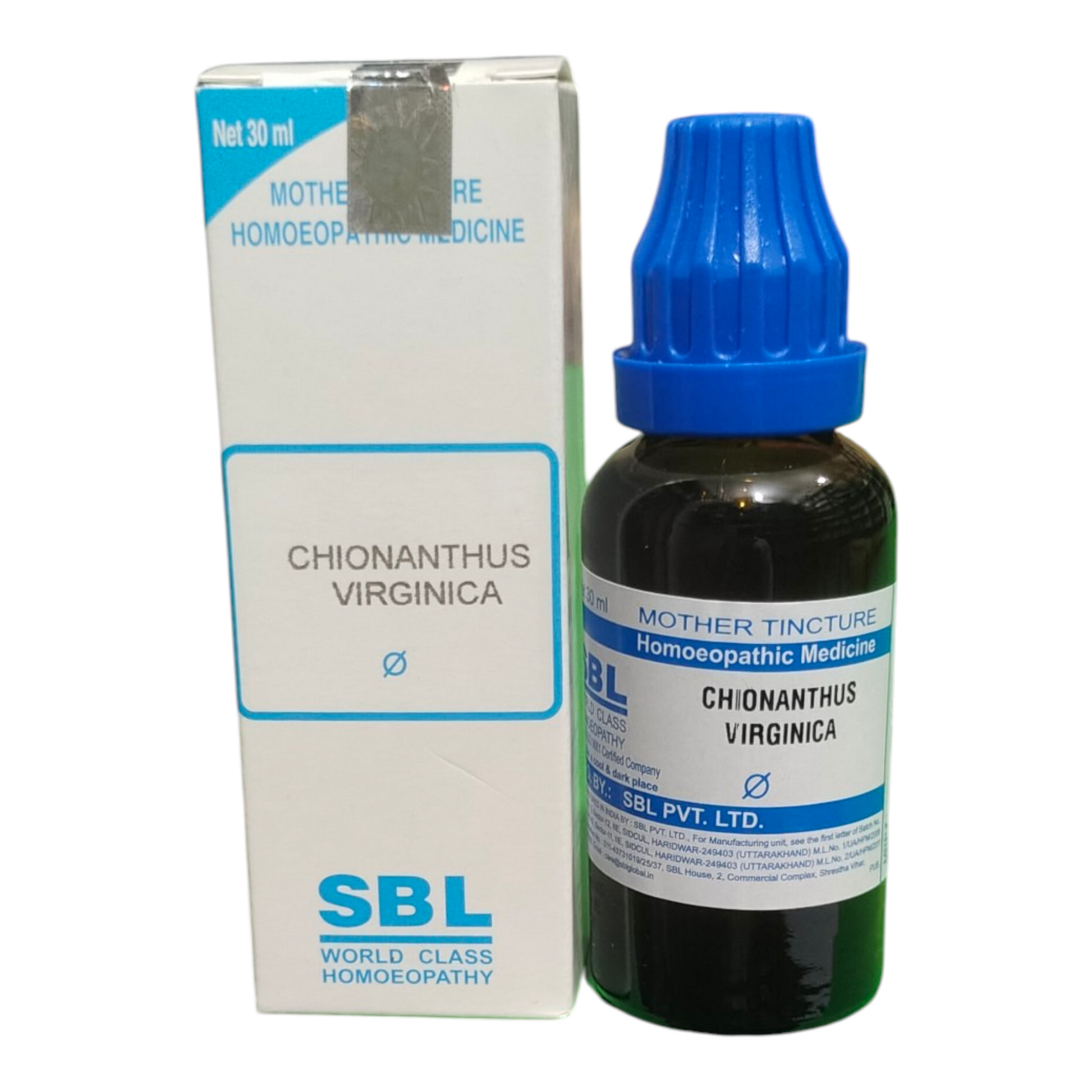 SBL Chionanthus Virginica homeopathic medicine bottle and packaging on a white background