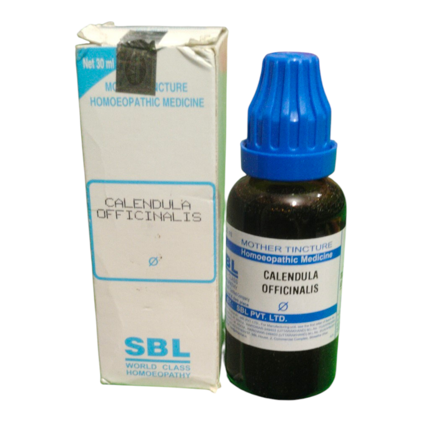 SBL Calendula officinalis homeopathic medicine bottle and packaging on a white background