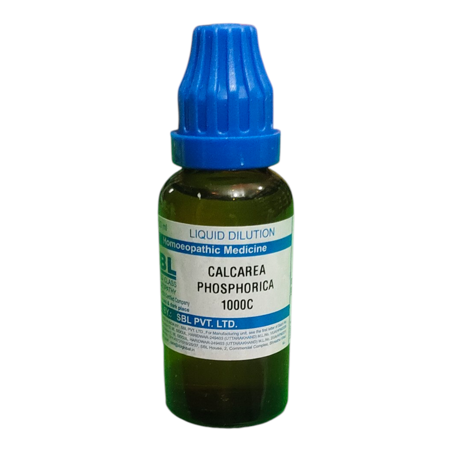 Bottle of Calcarea Phosphorica 1000C with blue cap on a white background