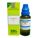Bottle and box of Cinnabaris 30C homoeopathic medicine by SBL on a white background