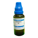 Bottle of Cinnabaris 30C liquid dilution with a blue cap on a white background