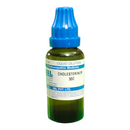 Bottle of Cholesterinum 30C liquid dilution with blue cap on a white background