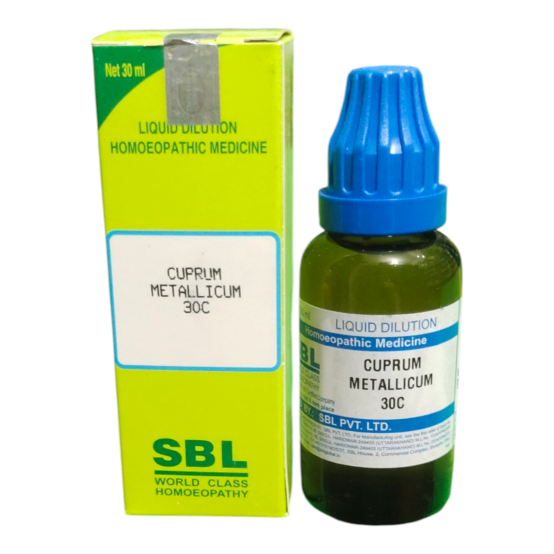 SBL Cuprum Metallicum 30C homeopathic medicine bottle and packaging on a white background