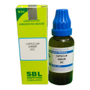 Bottle and box of Capsicum Annum 30C homeopathic medicine with SBL branding.