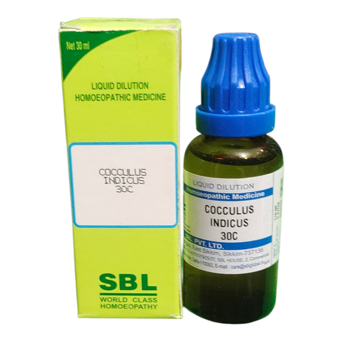SBL Cocculus Indicus 30C homeopathic medicine bottle and packaging on a white background