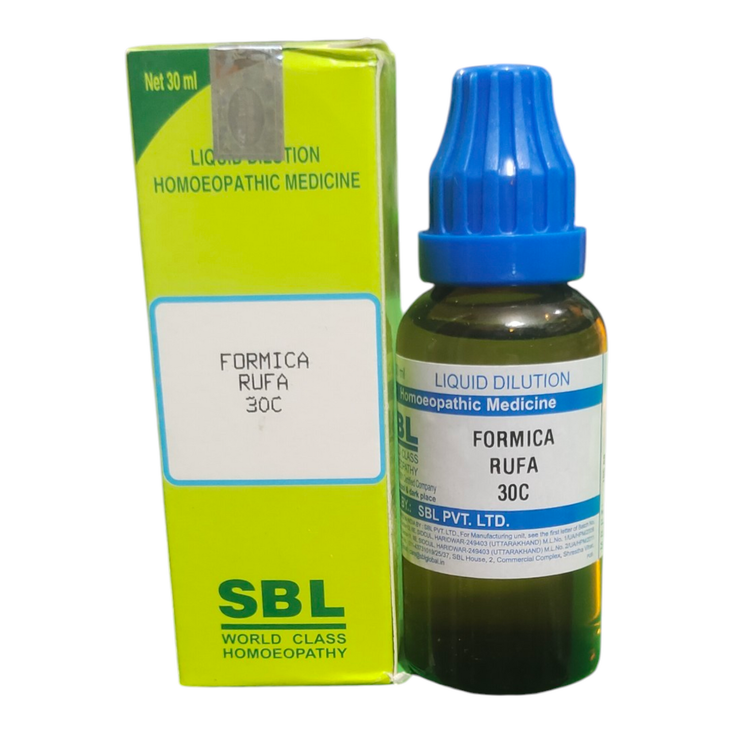 SBL Formica Rufa 30C homoeopathic medicine bottle and packaging on a white background