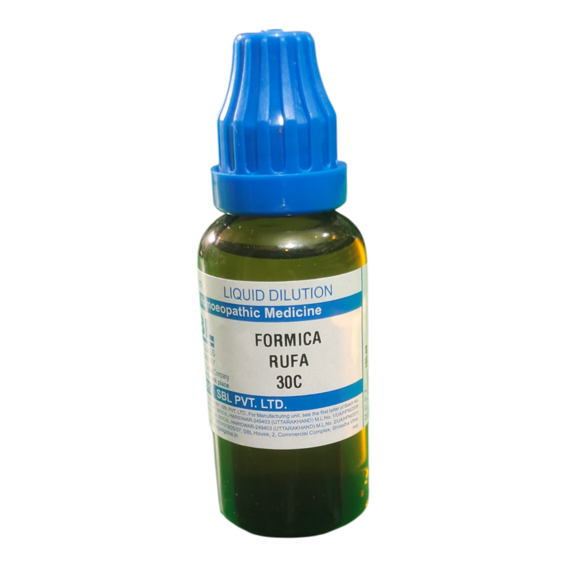 Bottle of Formica Rufa 30C liquid dilution on a white background