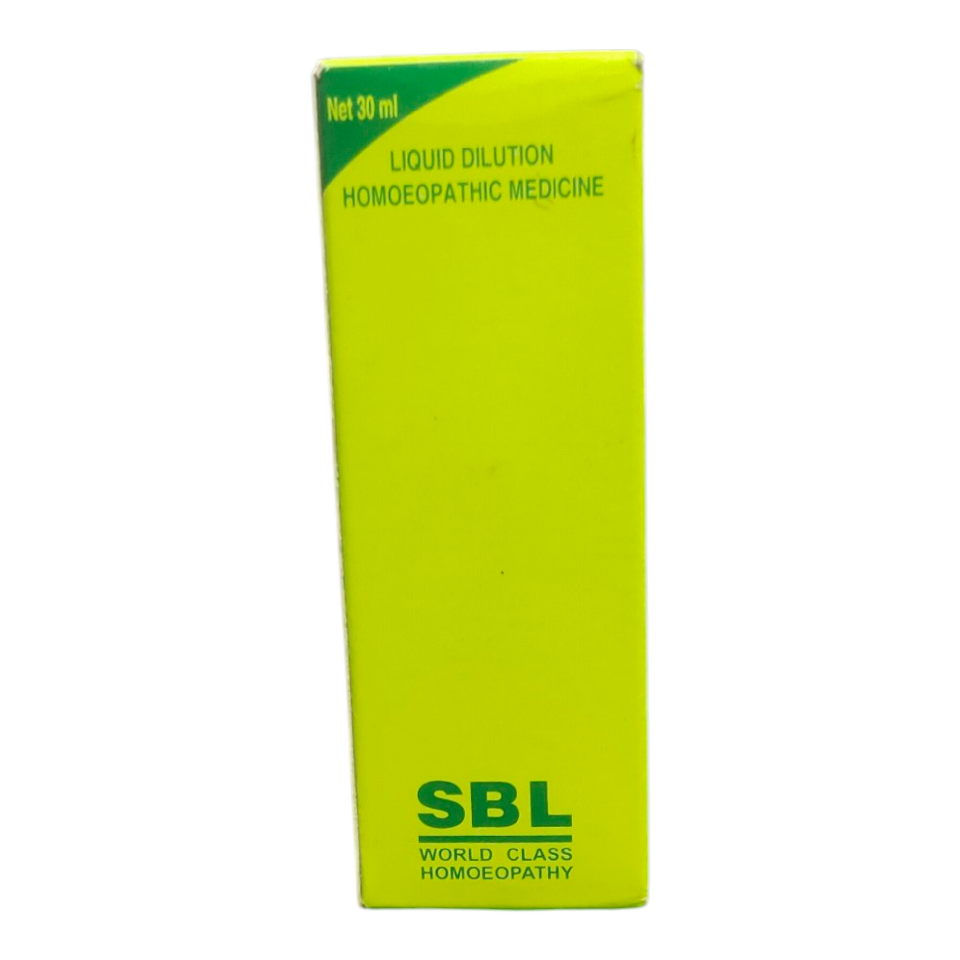 Yellow box of SBL homoeopathic medicine on a white background