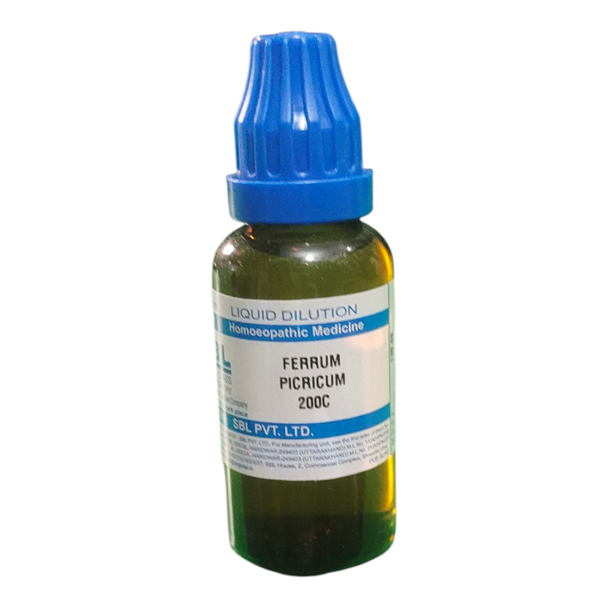 Bottle of Ferrum Picricum 200C homeopathic medicine with a blue cap on a white background