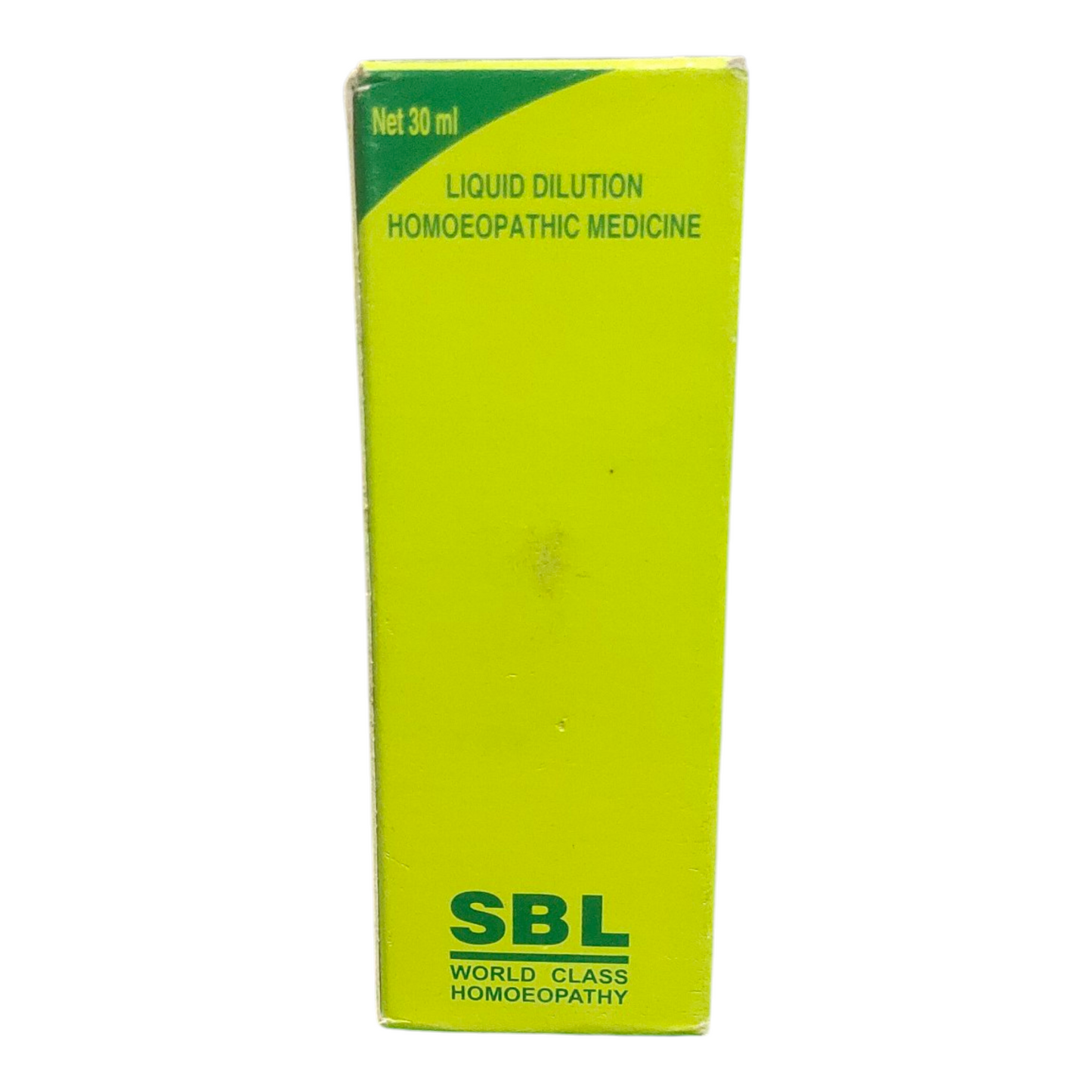 Yellow box of SBL homeopathic medicine on a white background