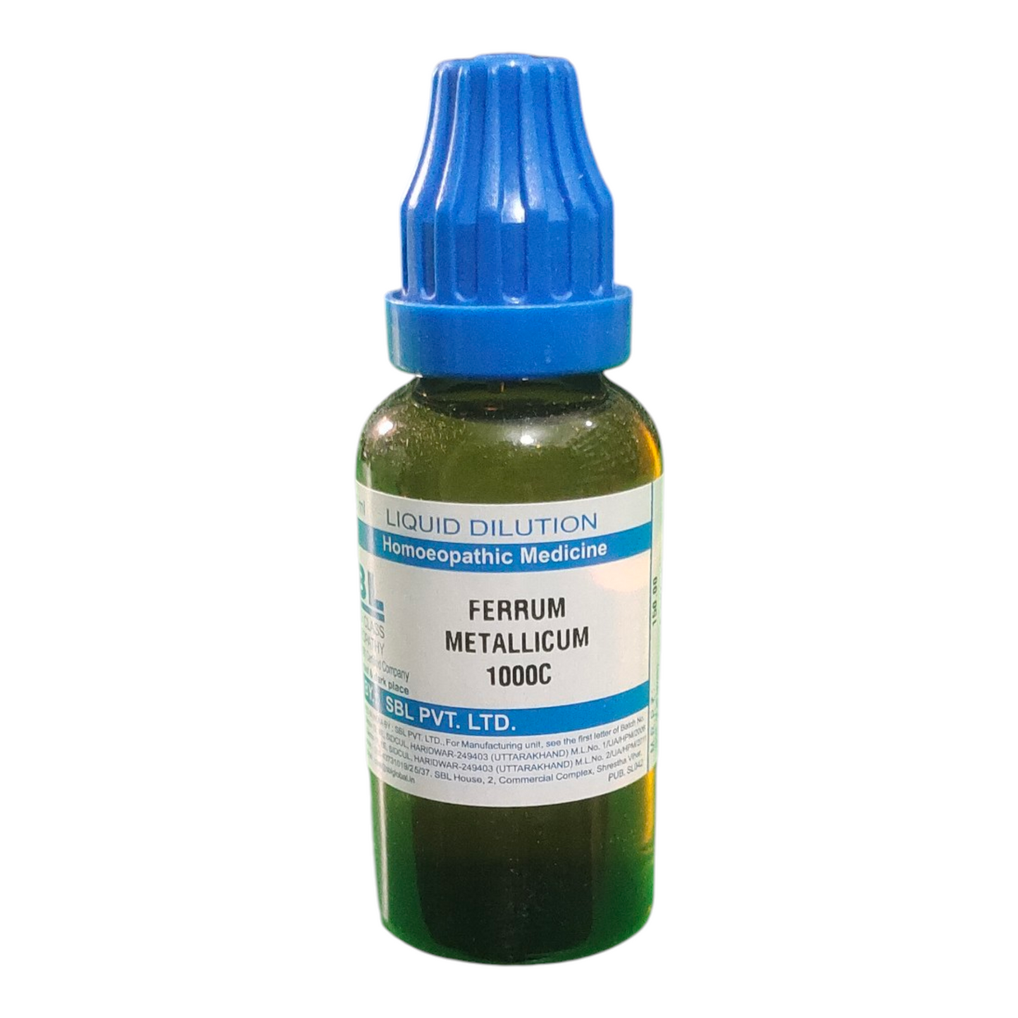 Bottle of Ferrum Metallicum 1000C homeopathic medicine with a blue cap on a white background