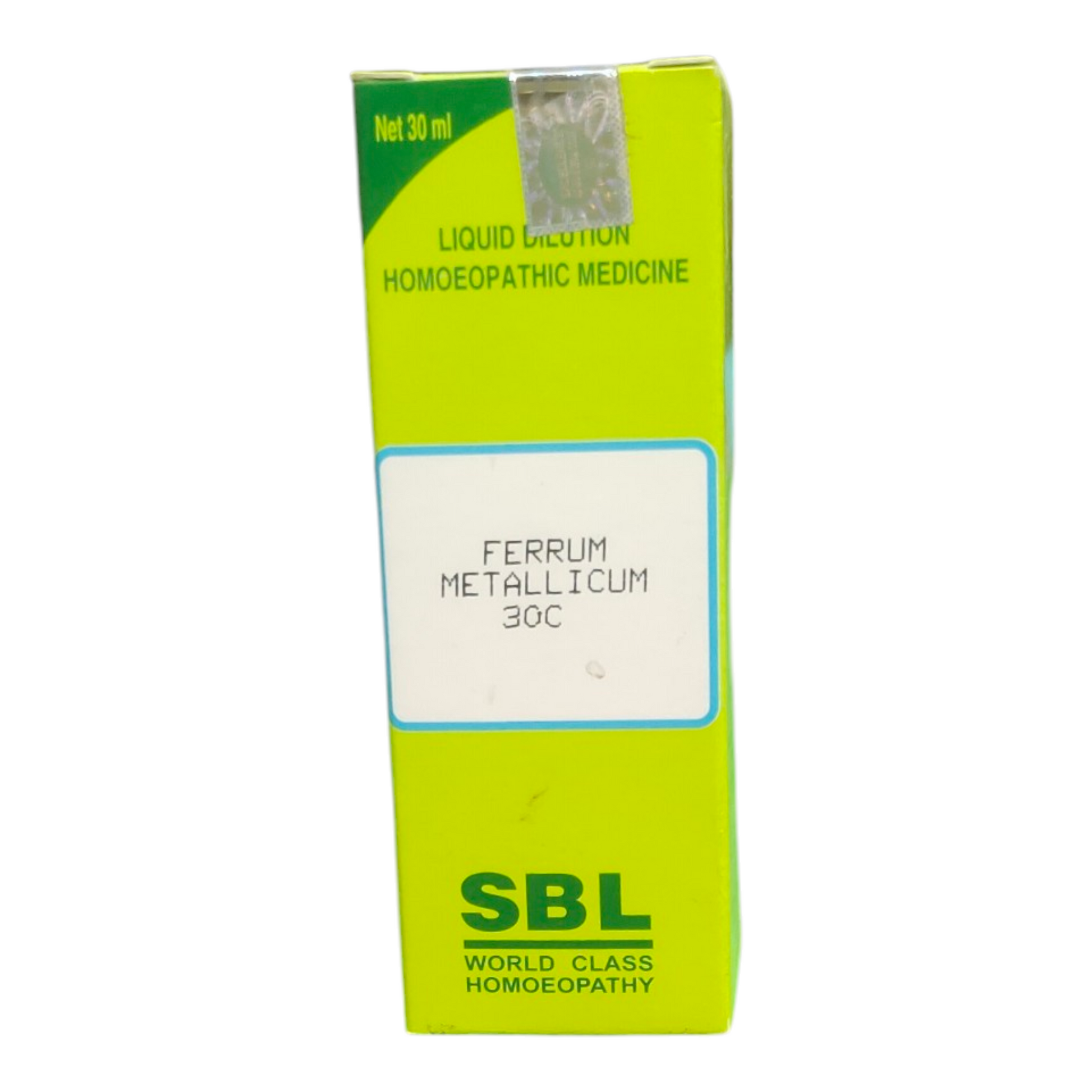 SBL Ferrum Metallicum 30C homoeopathic medicine box on a white background