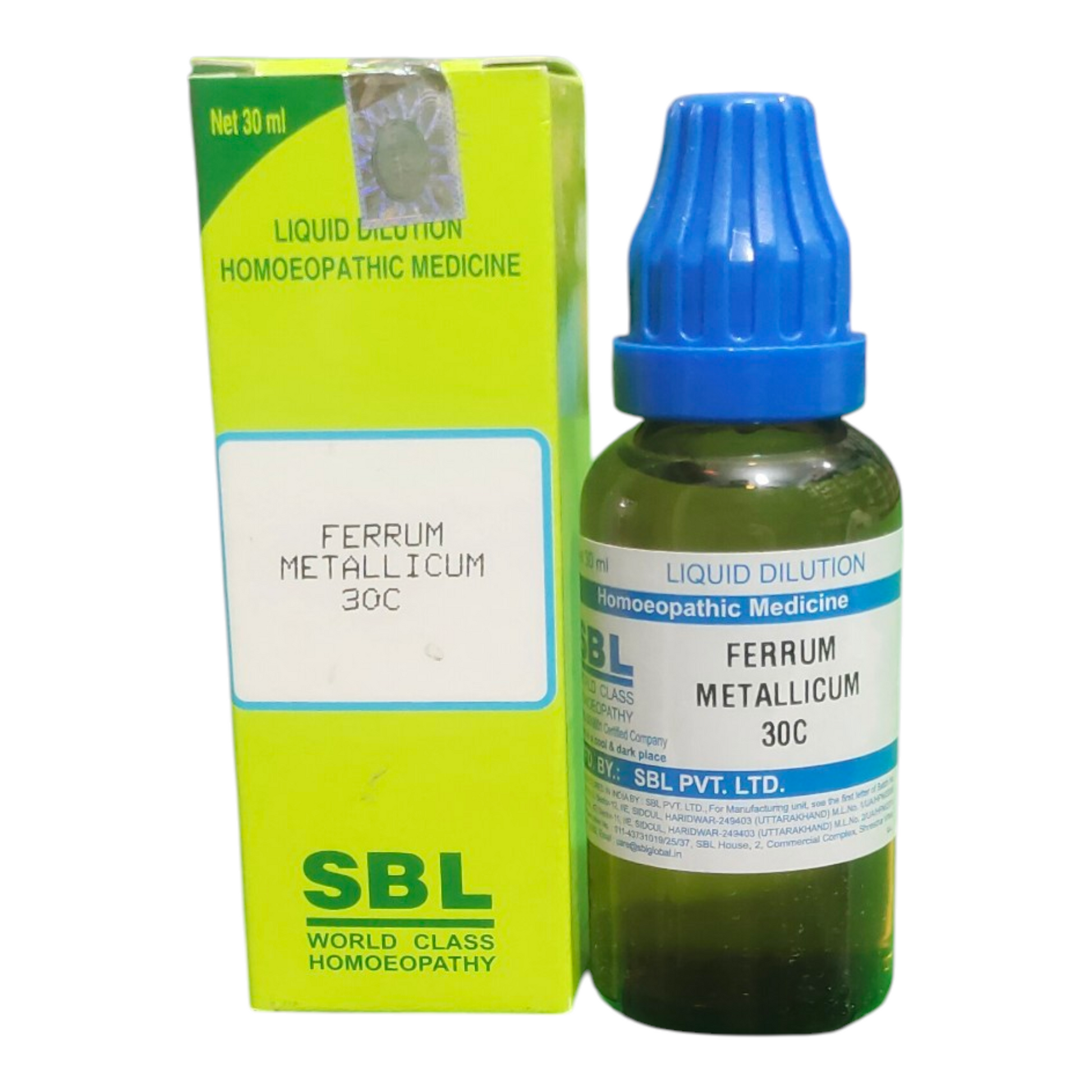 SBL Ferrum Metallicum 30C homeopathic medicine bottle and packaging on a white background