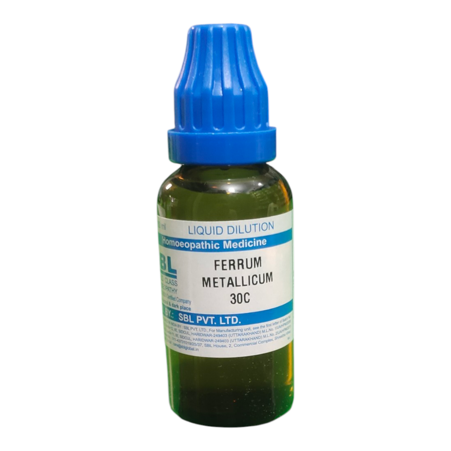 Bottle of Ferrum Metallicum 30C liquid dilution with blue cap on a white background