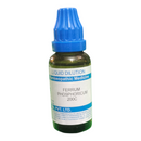Bottle of Ferrum Phosphoricum 200C homoeopathic medicine with blue cap on a white background