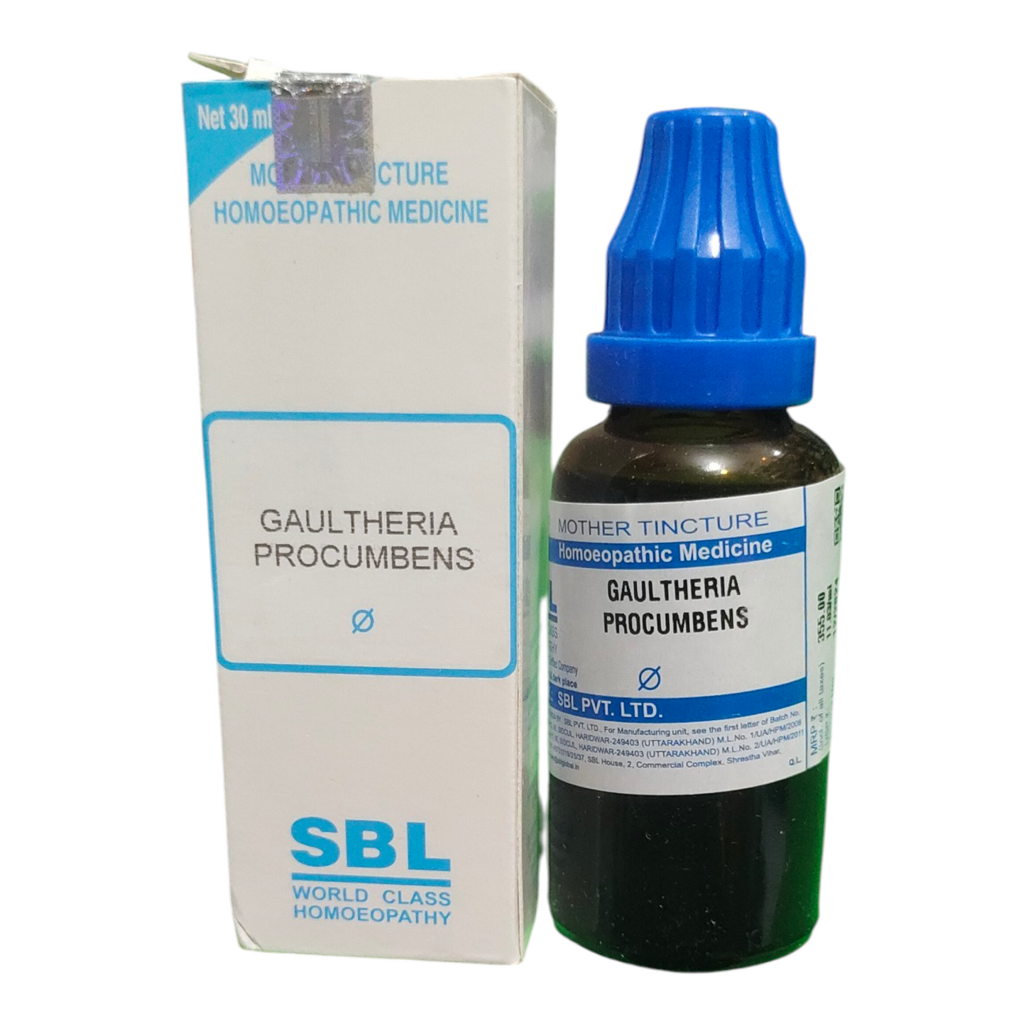 Bottle and box of SBL Gaultheria Procumbens homeopathic medicine on a white background