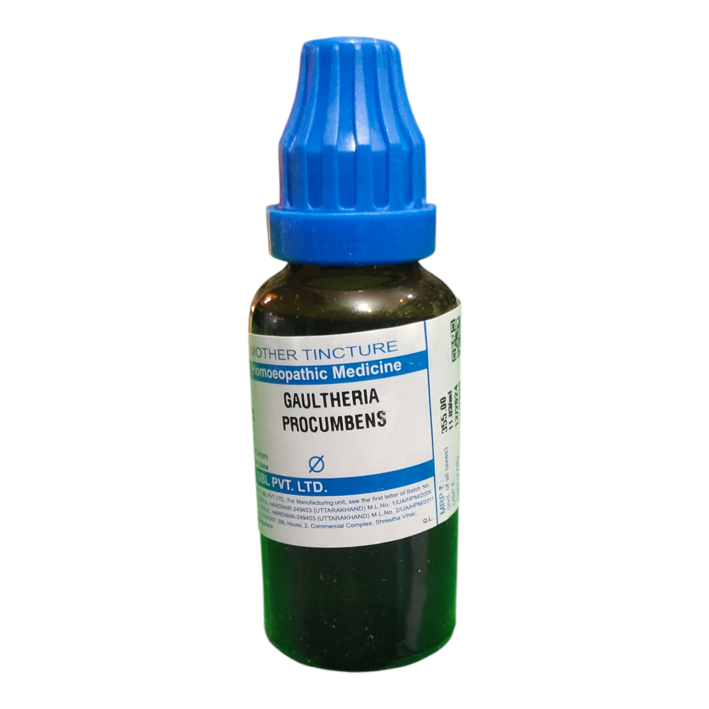 Bottle of Gaultheria procumbens homeopathic medicine with blue cap on a white background