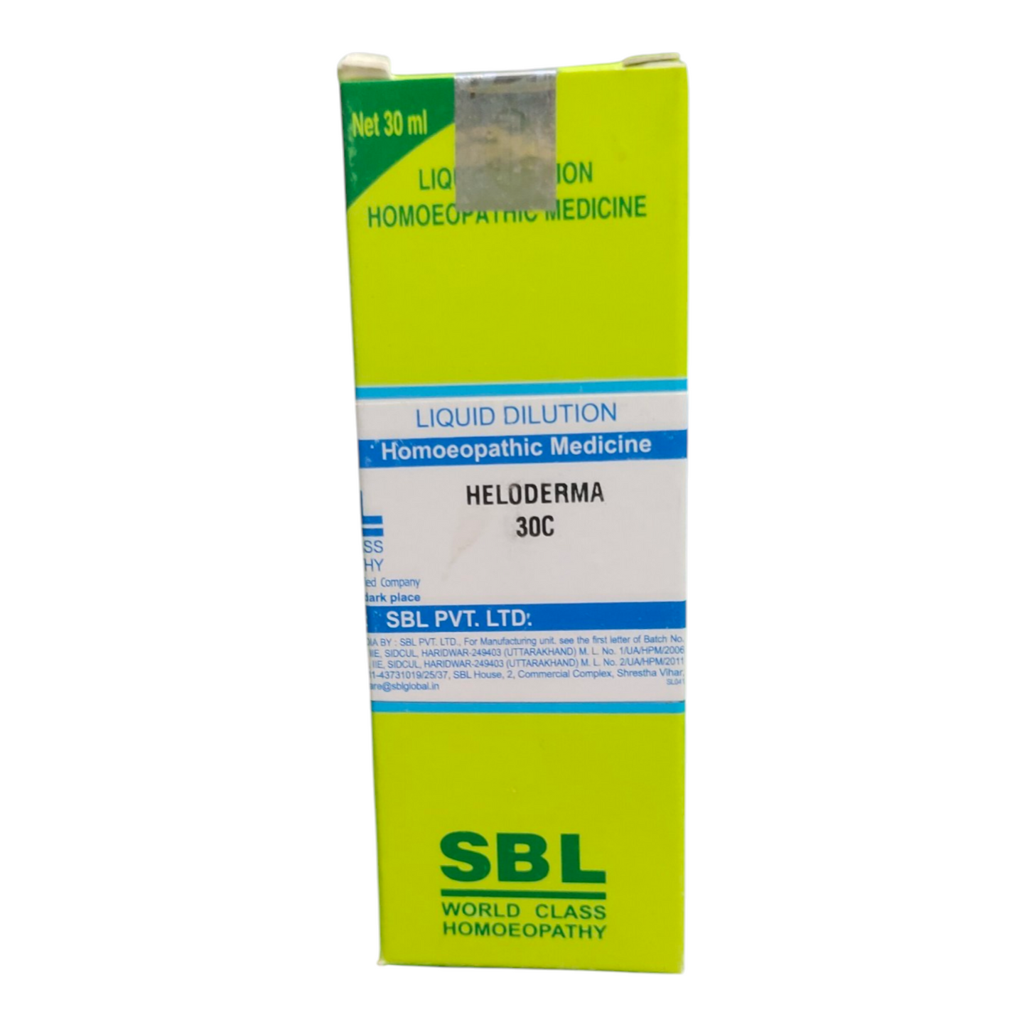 SBL Heloderm 30C homeopathic medicine box on a white background