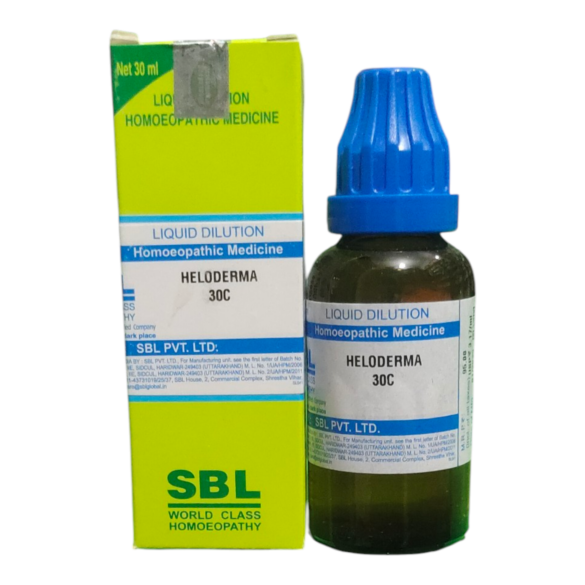 SBL Heloderma 30C homeopathic medicine bottle and packaging on a white background